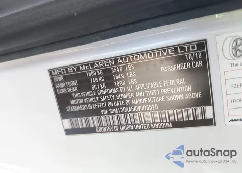 2019 Mclaren 600Lt z USA, uszkodzony, nr VIN SBM13RAA5KW006620